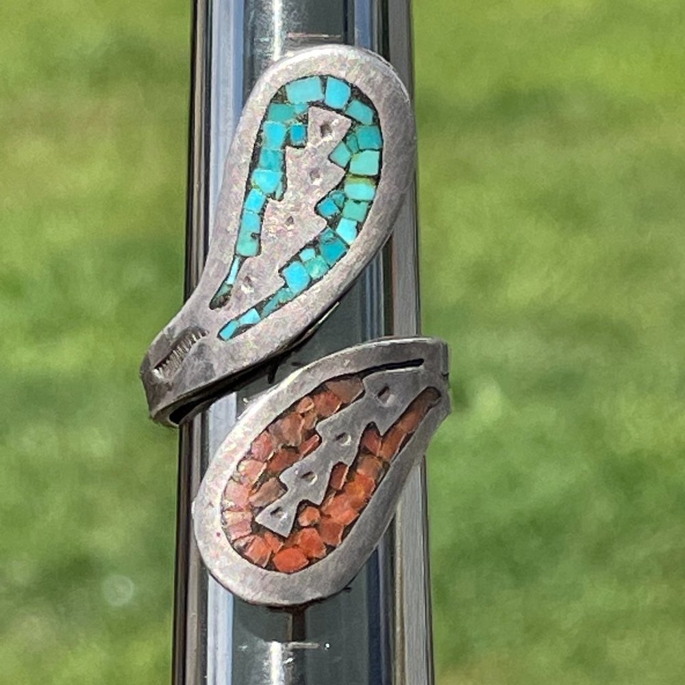 Vintage Sterling Silver Turquoise & Coral Red Ring * Size Adjustable